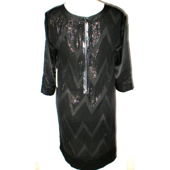New Womens 4 NWT $449 Sequin Silk Dress Black L'AGENCE Sleeves Chevron Zig Zag - Picture 3 of 12